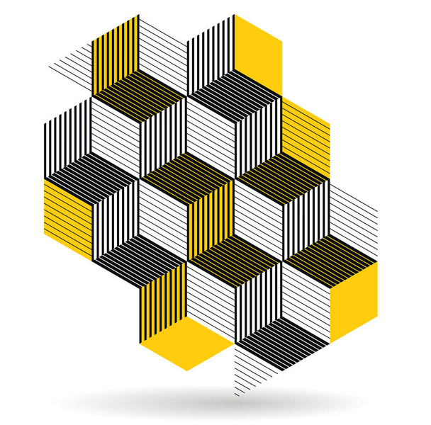 Black and yellow geometric vector abstract background with cubes and shapes, isometric 3D abstraction art displaying city buildings forms look like, op art optical illusion. - Vector, imagen