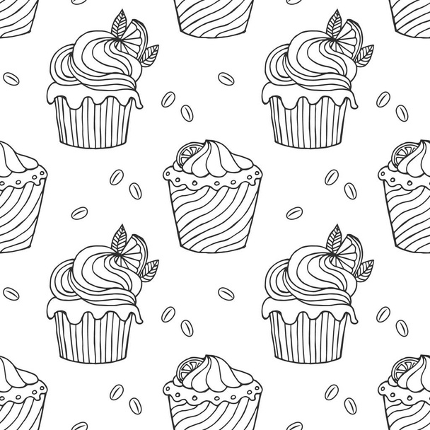 Seamless pattern, hand drawn outline cupcakes and coffee beans. Print, cafe menu background, vector - Vector, imagen