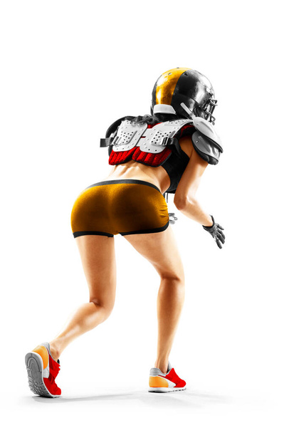 Portrait of attractive brunette female american football player in uniform and jersey T-shirt posing with helmet isolated on the white background - Foto, Imagem