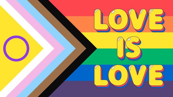 Nouveau vecteur de drapeau de fierté LGBTQIA. Drapeau de fierté de progrès moderne avec un intersexe couleurs inclusives et symbole. L'amour est l'amour lettrage. - Vecteur, image