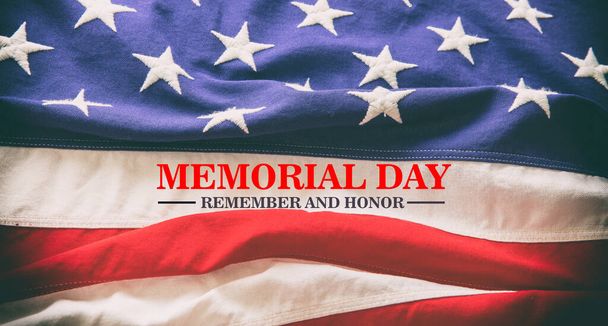 Memorial day, remember and honor text on USA flag background. US America National Holiday celebration - Photo, Image