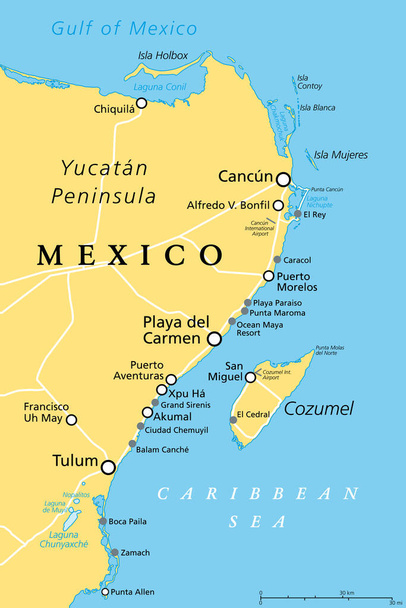 Канкун, Кохель и Риека-Майя, Мексика, политическая карта. Канкун, город на побережье полуострова Юкатан, к северу от Риеки Майя, курорта на побережье Карибского моря, с Кохелем на востоке от Плайя-дель-Майя. - Вектор,изображение