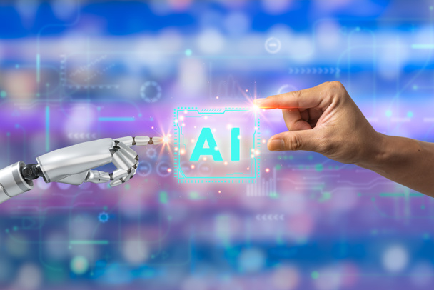 Robot raakt kunstmatige intelligentie AI met zakenman op de achtergrond. innovatie futuristische moderne cybertechnologie. - Foto, afbeelding