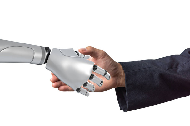 Roboter-Handschlag-Geschäftsmann auf weißem Hintergrund. Künstliche Intelligenz KI Innovation futuristische moderne Technologie. - Foto, Bild
