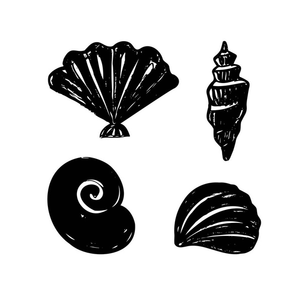 Seashells mořské postavy ručně kreslené vektorové čmáranice. Sada se siluetami měkkýšů nakreslených inkoustem na izolovaném bílém pozadí. Navrhnout styl grunge prvku - Vektor, obrázek