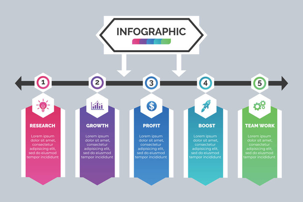 Visualización infográfica e iconos de negocio. Concepto con 5 opciones, pasos, proceso de presentación, diseño, diagrama gráfico, informe anual - Vector, Imagen