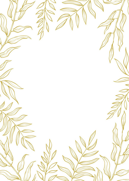 Herbal mix vector frame in line style. Hand draw plants, branches and leaves on white background. Natural leafy card design. Coloring frame - Vettoriali, immagini