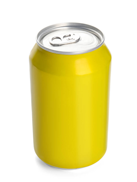Yellow can of fresh soda on white background - Фото, изображение