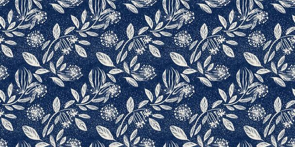 Masculine indigo floral blockprint linen seamless border. All over print of navy blue cotton effect flower linocut fabric banner - Photo, Image