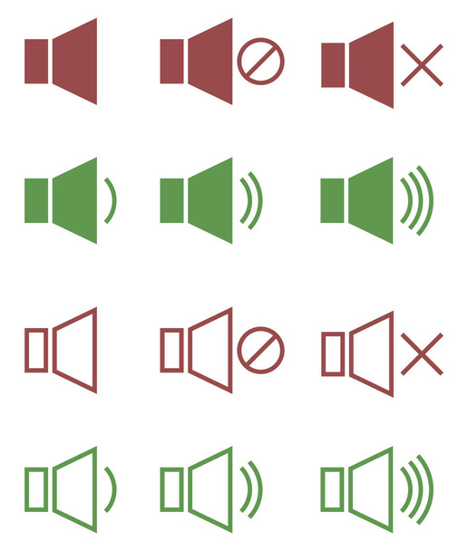 Mennyiségi ikonok piros és zöld színekben. A hangerőszabályzó gombok körvonalai. Hang, videó, hangszóró. Vektorikonok beállítva. - Vektor, kép