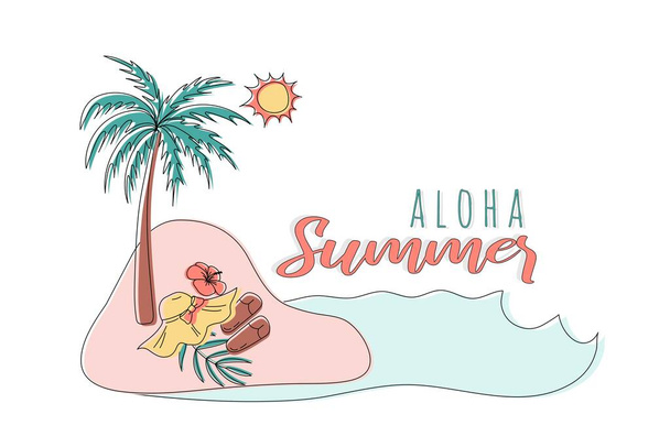 Summer time. Aloha summer lettering with items. Hand drawn typography poster, greeting card, bags, for t-shirt design, vector illustration. - Vector, Imagen