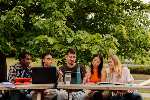 multirassische Gruppe von Studenten, die gemeinsam an einem Universitätsprojekt arbeiten. Mitschüler lernen gemeinsam im Freien. - Foto, Bild