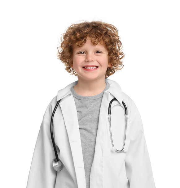 Little boy in medical uniform with stethoscope on white background - Fotoğraf, Görsel
