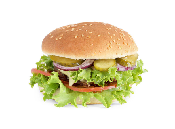Delicious burger with beef patty and lettuce isolated on white - Foto, imagen