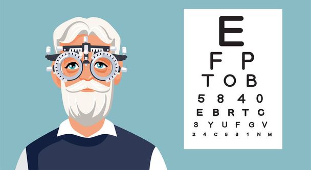 Elderly Man Having an Eye Consultation at the Optometrist Vector Cartoon. Elderly person having poor vision problems in eye test examination  - Vector, afbeelding