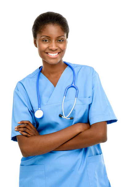 Portrait, doctor and black woman with arms crossed in white background for healthcare, clinic or hospital. Happy, nurse and medical expert in studio for wellness with confident, support and care. - 写真・画像