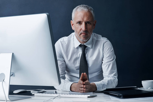 Im here for all your business needs. Cropped portrait of a mature businessman working on his computer - Фото, зображення