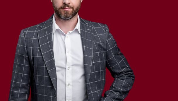 cropped view of man with formal menswear. photo of man in formal menswear. formal man wear menswear isolated on red background. man in formal menswear studio. - Foto, Bild
