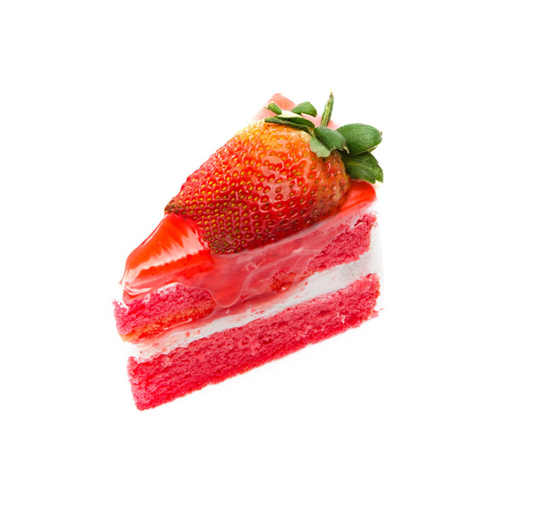 Strawberry piece of cake on white background - Фото, изображение