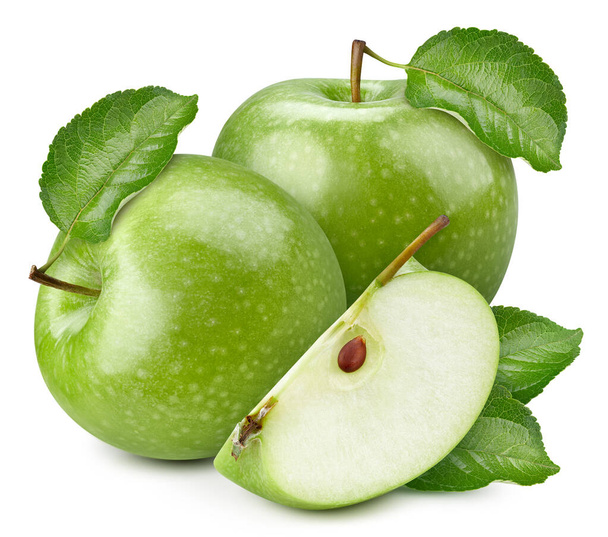 Green apple with leaves. Green apple on white. Full depth of field. With clipping path - 写真・画像