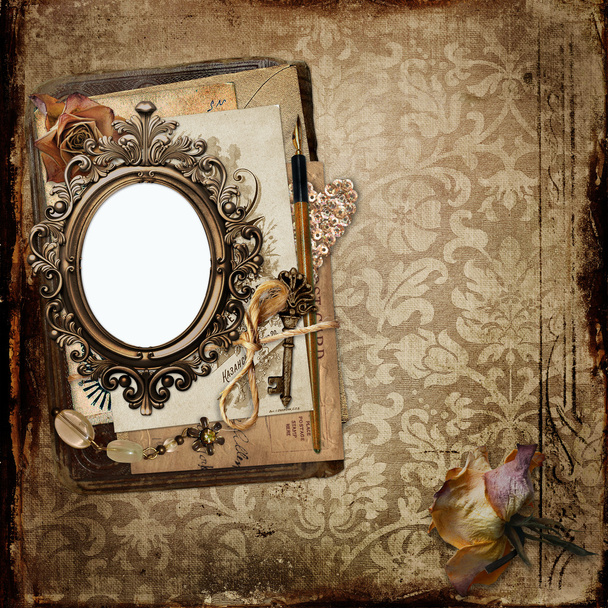 Vintage background with frame and old letters, faded roses - Zdjęcie, obraz