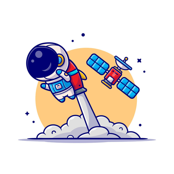 Lindo Astronauta Volando con Cohete y Satélite Dibujos Animados Icono Ilustración. Ciencia Tecnología Icono Concepto Aislado Vector Premium. Estilo plano de dibujos animados - Vector, imagen