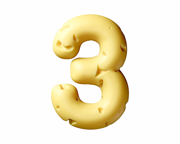 Digitos hechos de queso. 3d ilustración del alfabeto amarillo aislado sobre fondo blanco - Foto, Imagen