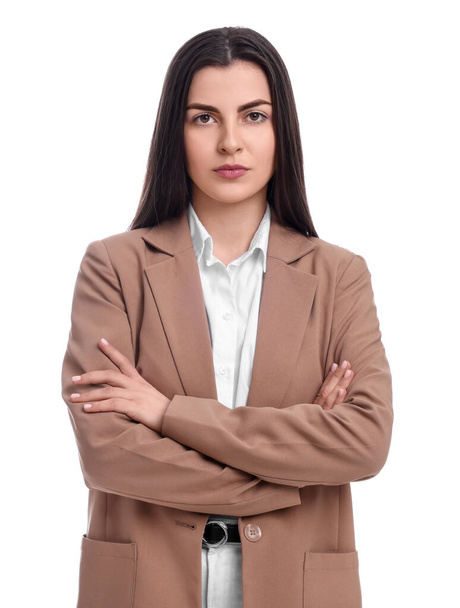 Beautiful young businesswoman in suit on white background - Zdjęcie, obraz