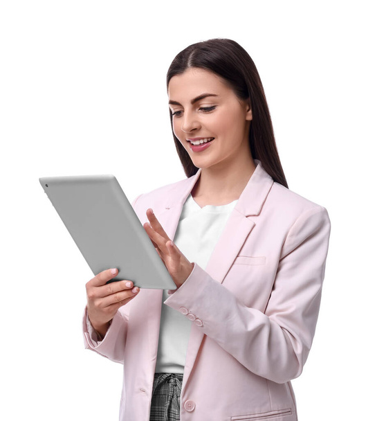 Beautiful businesswoman with tablet on white background - Fotoğraf, Görsel