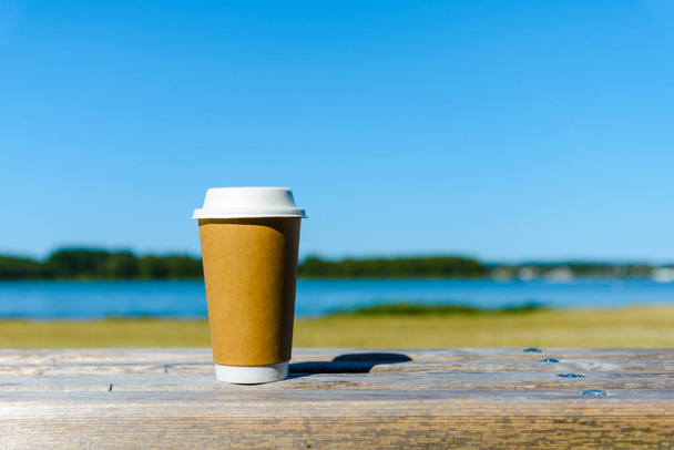 Disposable paper coffee cup on wooden bench outdoors,paper cup of coffee in the park on a wooden bench.lake in the background.copy space.Summer day. - Zdjęcie, obraz