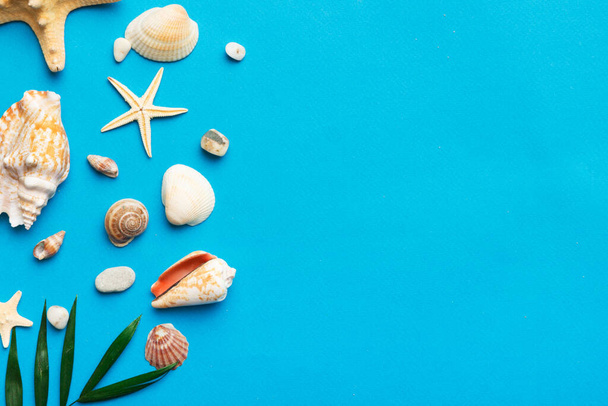 Summer time concept Flat lay composition with beautiful starfish and sea shells on colored table, top view with copy space for text. - Foto, afbeelding