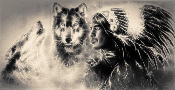 A beautiful airbrush painting of an young indian warrior accompanied with two wolves - Photo, Image