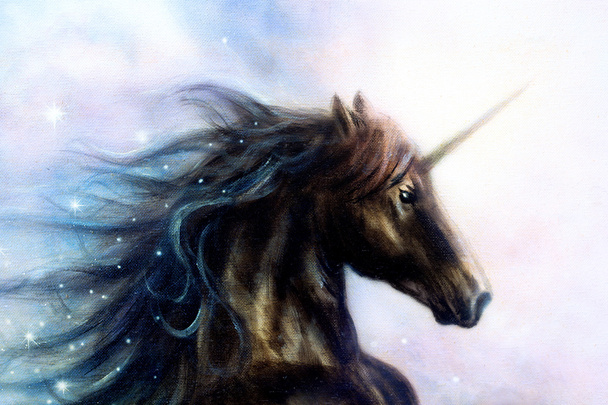 Paard, zwarte Eenhoorn in ruimte, illustratie abstracte kleur achtergrond, profiel portret - Foto, afbeelding