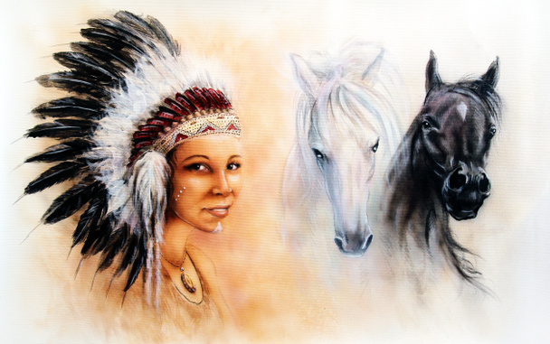 Όμορφο πίνακα με μια νεαρή Ινδιάνα φορώντας ένα πανέμορφο πουπουλένια κόμμωση, με μια εικόνα του μαύρο και άσπρο άλογο - Φωτογραφία, εικόνα