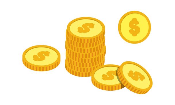 Žluté zlaté mince kliparty vektor design ilustrace. Jednoduché zlaté mince přední a izometrický styl ploché ikony karikatury styl. Nákup, ikona převodu peněz. Peníze, měna, investice, finanční koncepce - Vektor, obrázek