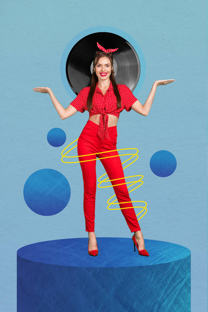 Vertical banner collage of young charming girl wear red headband stylish outfit balance arms vinyl disc party isolated on blue background. - Fotó, kép