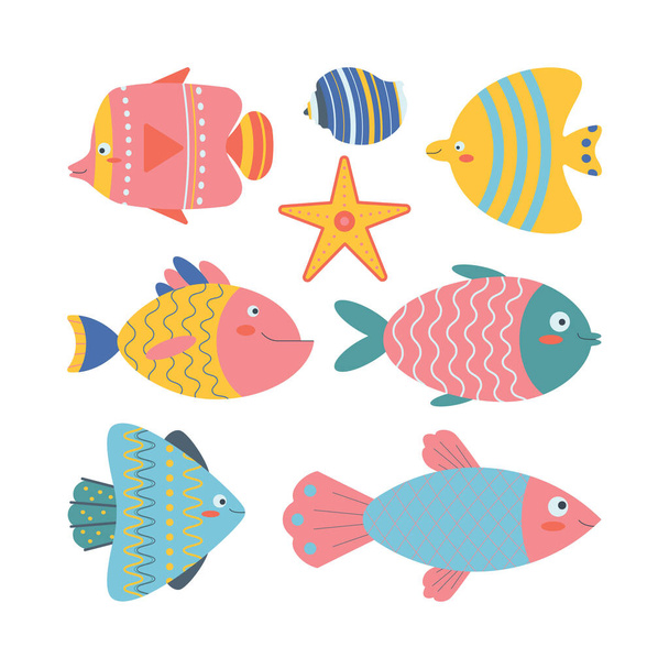 海の要素のセットヒトデ、魚、フラットな漫画のスタイルで貝殻。白を基調としたベクトルイラスト. - ベクター画像