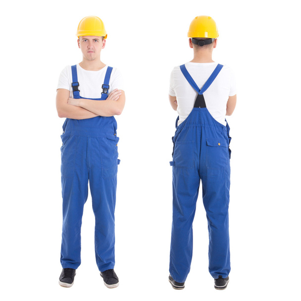 front and back view of young handsome man in blue builder unifor - Valokuva, kuva