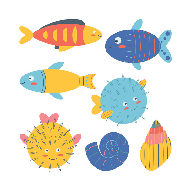 Set of marine elements of fish, puffer fish, shells in flat cartoon style. Vector illustration isolated on white background. - Vector, afbeelding