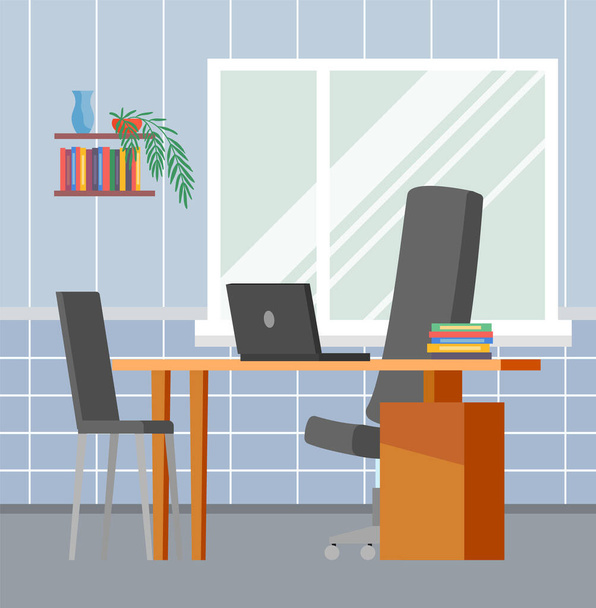 Modern home workplace flat. Office chair and office desk with stack of books in cozy room interior. Furniture and equipment for workplace of employee or home office worker, vector interior workspace - ベクター画像