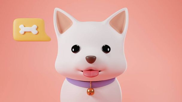 Renderowanie 3D. Różowe tło z 3D szczeniak z cute biały kolor noszenie niebieski kołnierz psa myśleć o słodkiej kości. - Zdjęcie, obraz