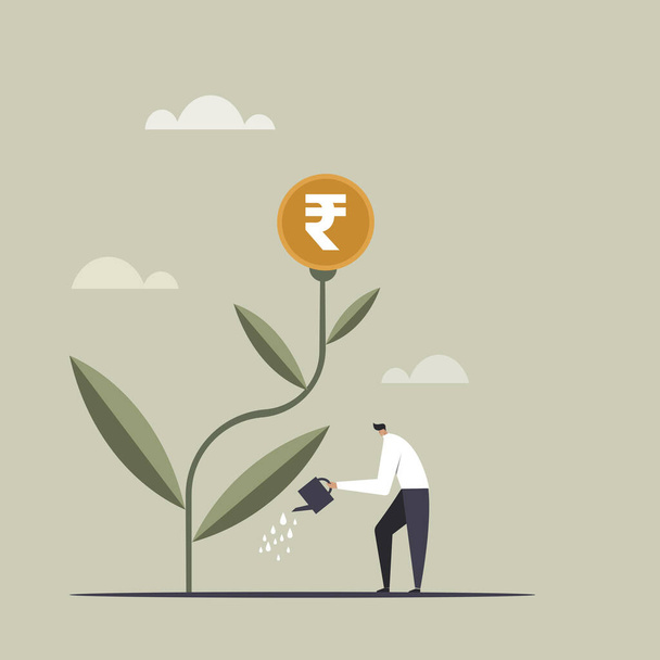 Концептуальна ілюстрація людини, що поливає рослину квітучою монетою рупії - Вектор, зображення