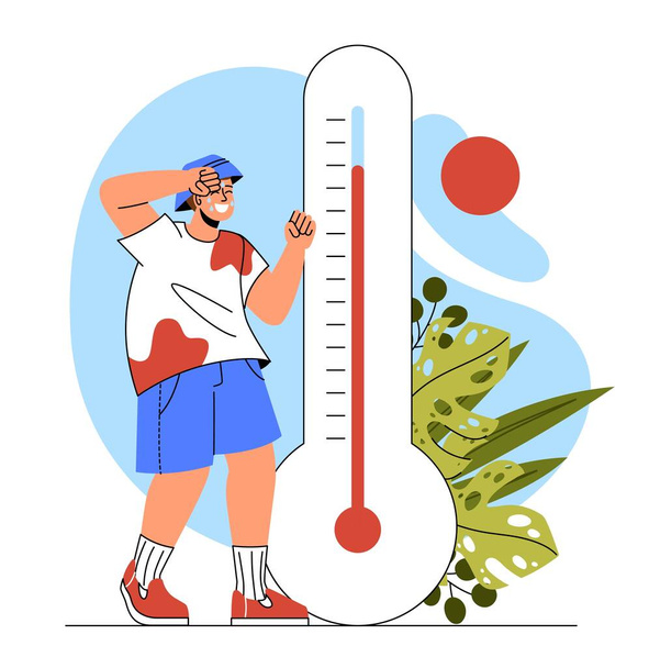Mies kuumalla säällä. Nuori mies hikoilee lähellä lämpömittaria, jolla on korkea lämpötila-indikaattori. Merkki kesäkaudella. Turisti trooppisessa maassa UV. Sarjakuva tasainen vektori kuva - Vektori, kuva