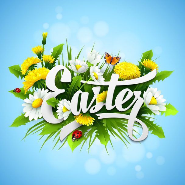 Title Easter with spring flowers. Vector illustration - Vector, Image