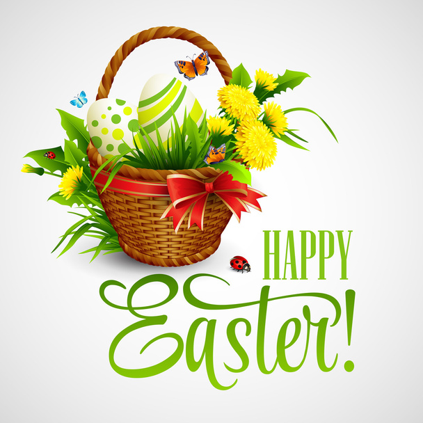 Osterkarte mit Korb, Eiern und Blumen. Vektorillustration - Vektor, Bild