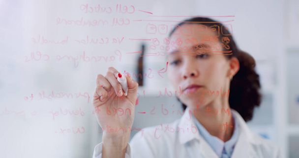 Σκέψη, επιστήμονας χέρι και γυναίκα γράφοντας σε σαφή πίνακα για την έρευνα φόρμουλα της επιστήμης. Εργαστηριακός εργάτης, γυναίκα και εστίαση με σχεδιασμό και φουτουριστικό όραμα για την ιατρική δοκιμή με mockup. - Φωτογραφία, εικόνα