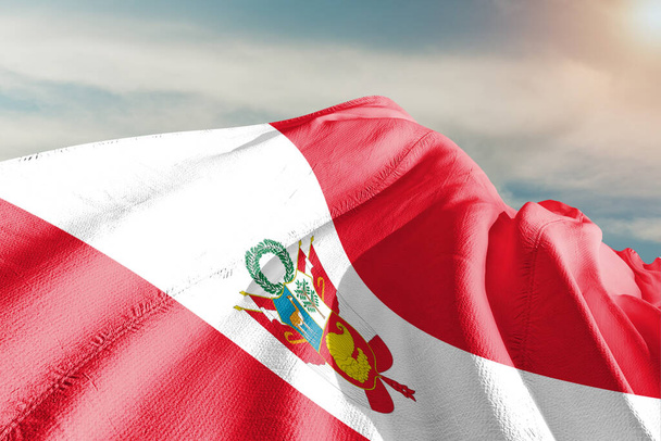 Peru national flag cloth fabric waving on beautiful grey Background. - Fotografie, Obrázek