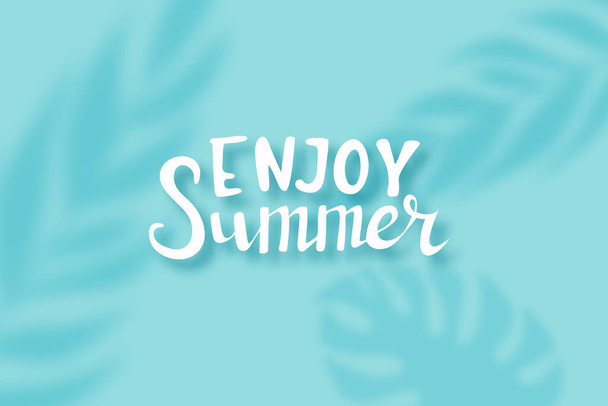 The blue summer background with transparent tropical leaves shadows and hand drawn letters - Vetor, Imagem