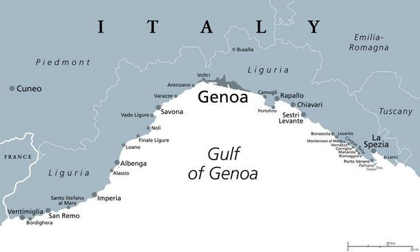 リグーリアとイタリアのリビエラ、リグーリアのリビエラ、灰色の政治地図。北西部イタリアの地域,首都ジェノヴァと.ジュヌア湾のヴェントミリアとラ・スペツィアの間の海岸線. - ベクター画像