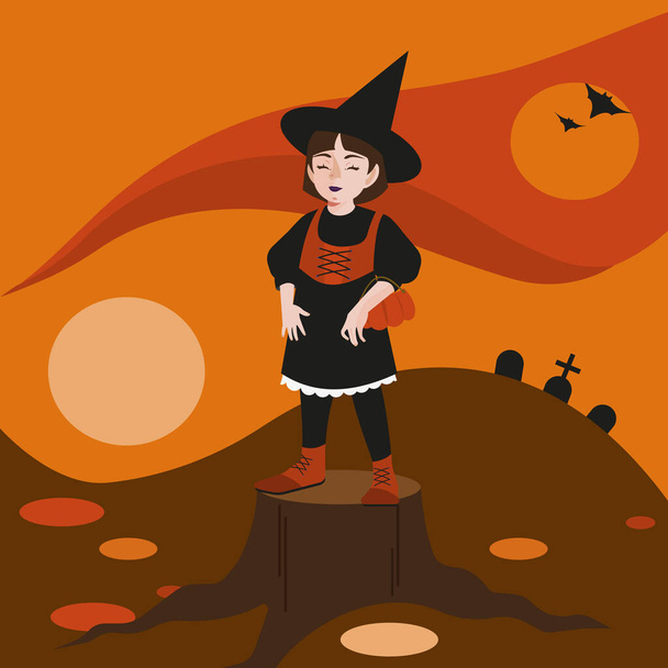 Eine junge Hexe mit freundlichem Gesicht, Kürbiskorb mit Bonbons, steht auf einem Baumstumpf. Herbstlandschaft, Fledermäuse und Gräber. Flache Vektorabbildung. - Vektor, Bild